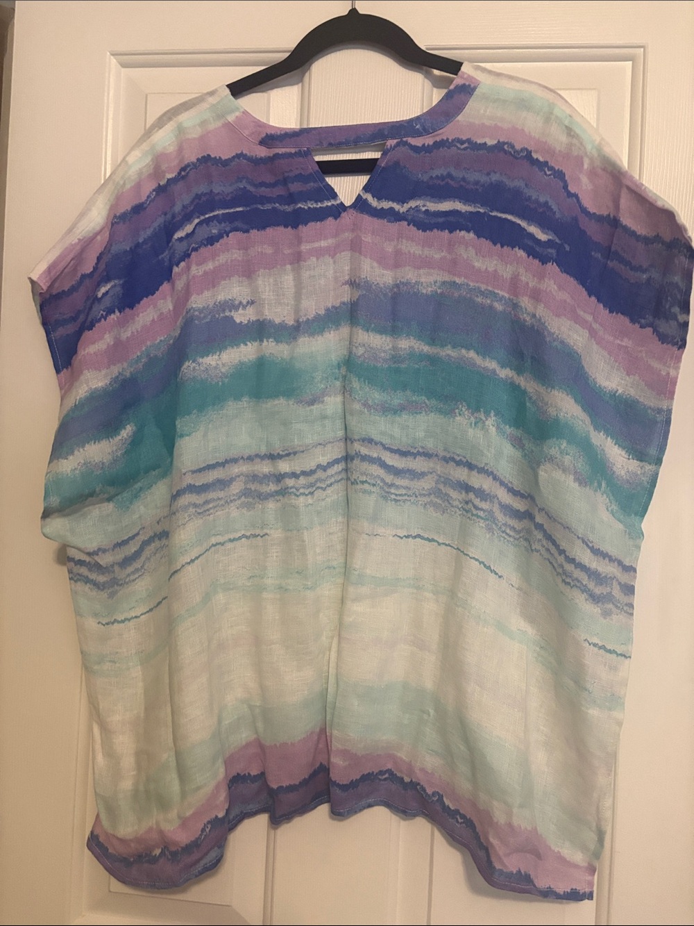 Chico's Watercolor Stripe V-Neck Tunic in Blue, Purple, Teal, White - Picture 3 of 3